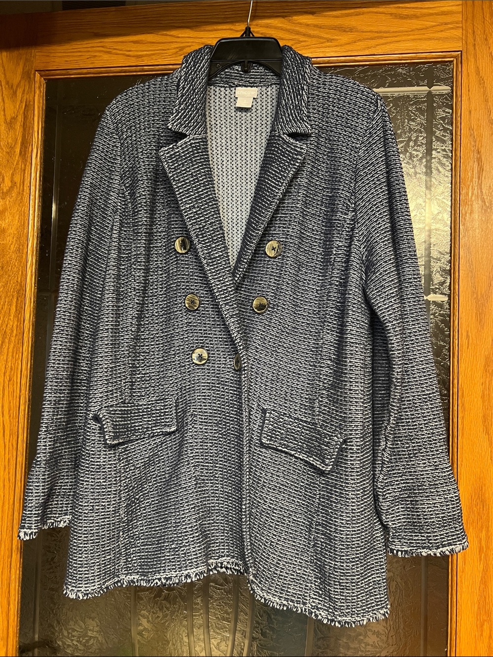 Chico’s Sweater Navy Textured Double-Breasted Jacket